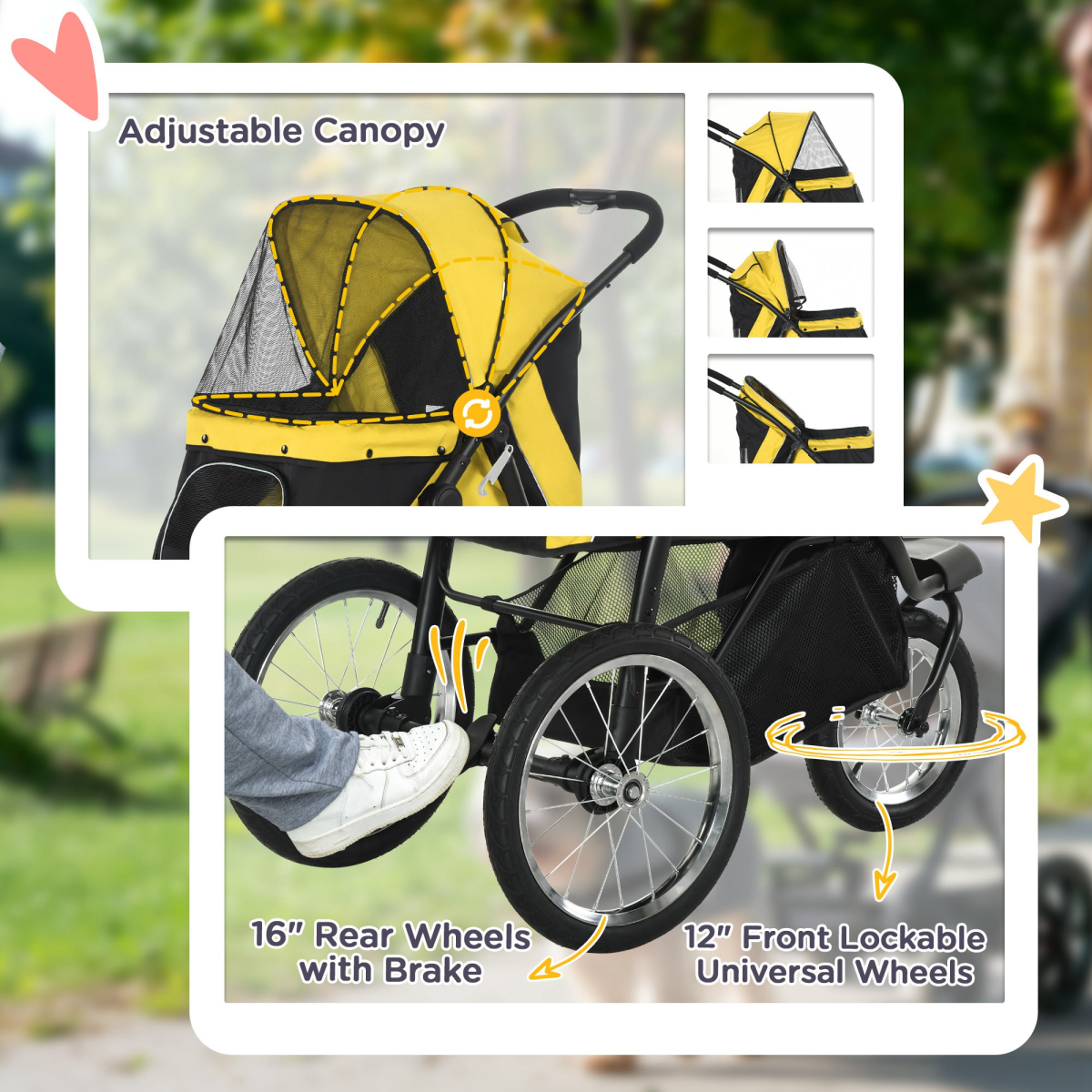 PawHut 3 Wheel Pet Stroller, for Medium Small Dogs, Foldable Cat Pram - Yellow - from PawHut