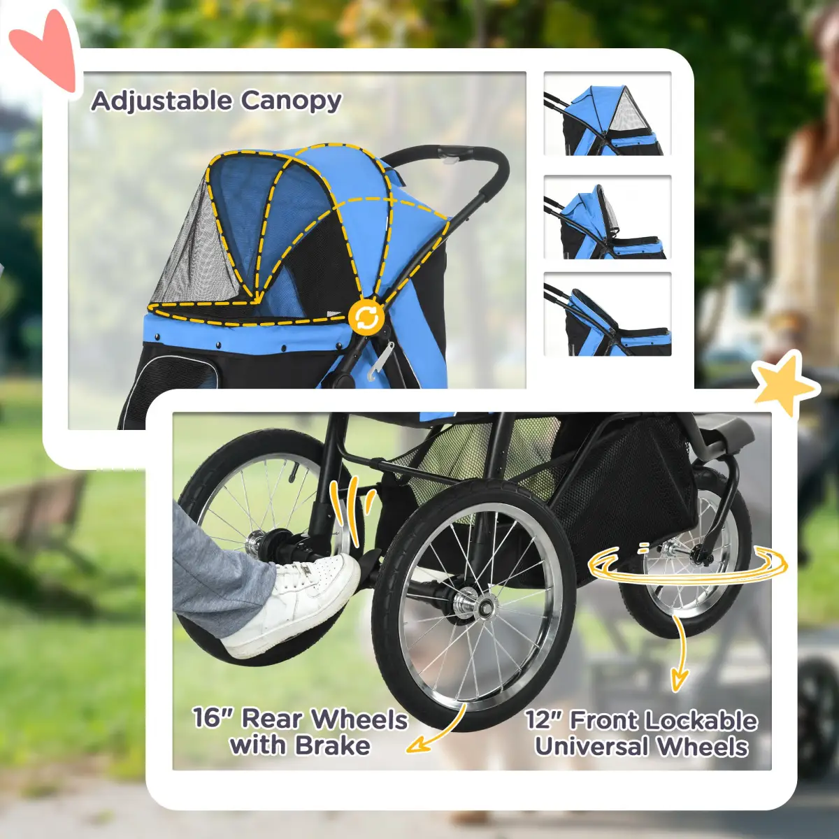 PawHut 3 Wheel Pet Stroller, for Medium Small Dogs, Foldable Cat Pram - Blue - Pet Carrier