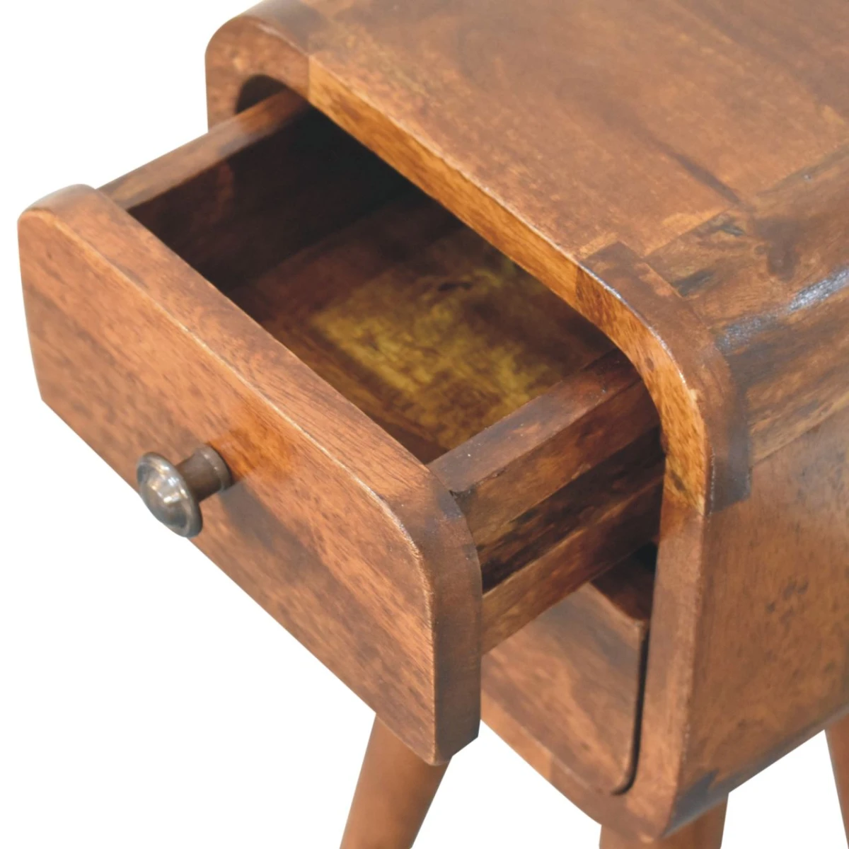 Artisan Bedside Table Mini Curved Mango Wood One Drawer Chestnut Finish For Small Bedrooms by Artisan Furniture