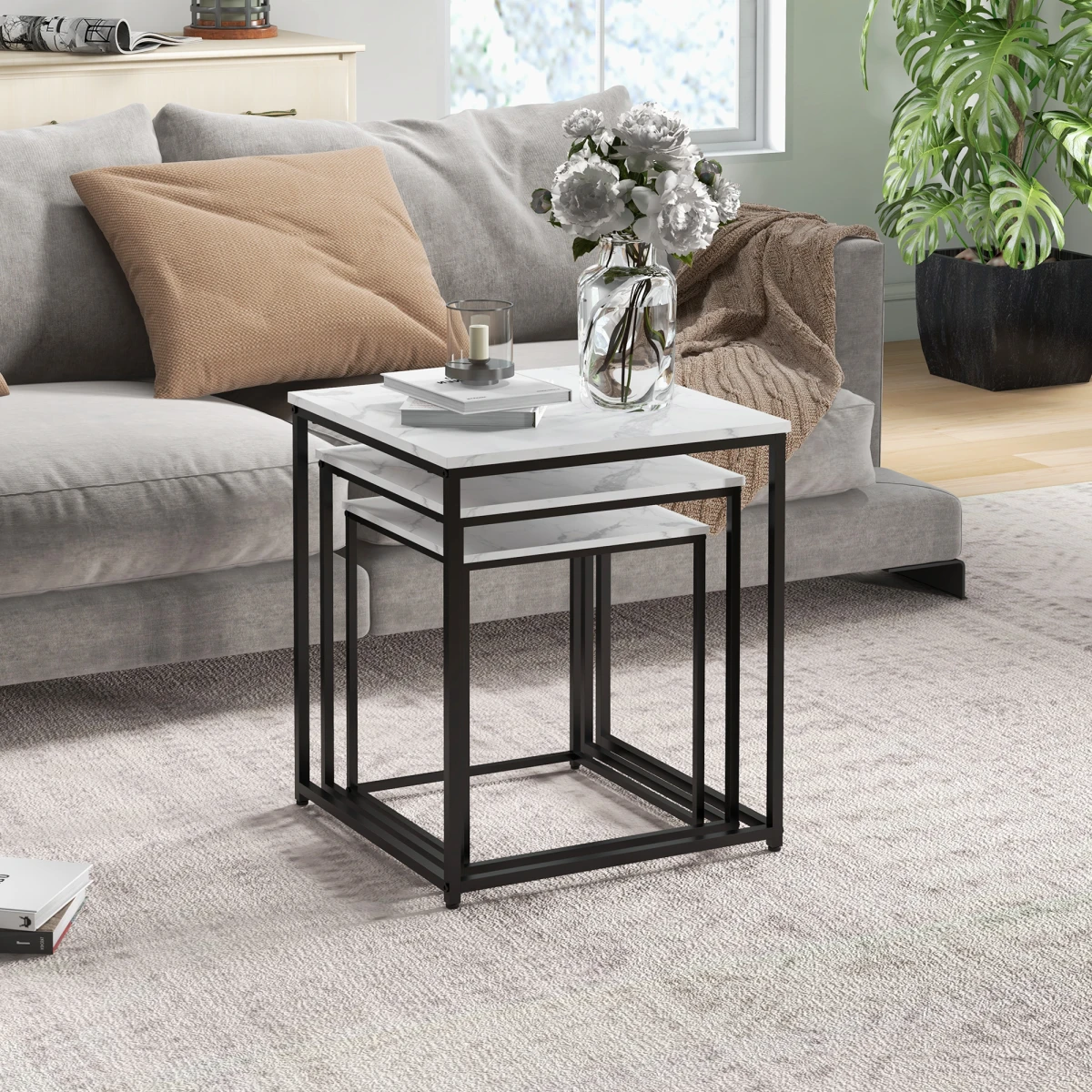 HOMCOM Nesting Coffee Tables Three Piece White Marble Top With Steel Frames Adjustable Feet Living Room by HOMCOM