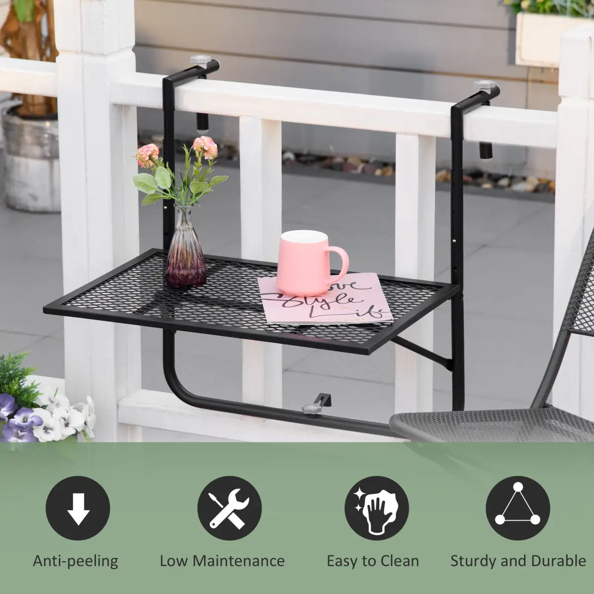 Outsunny Balcony Hanging Table, Metal Wall Mount Desk, Adjust Black - Desk