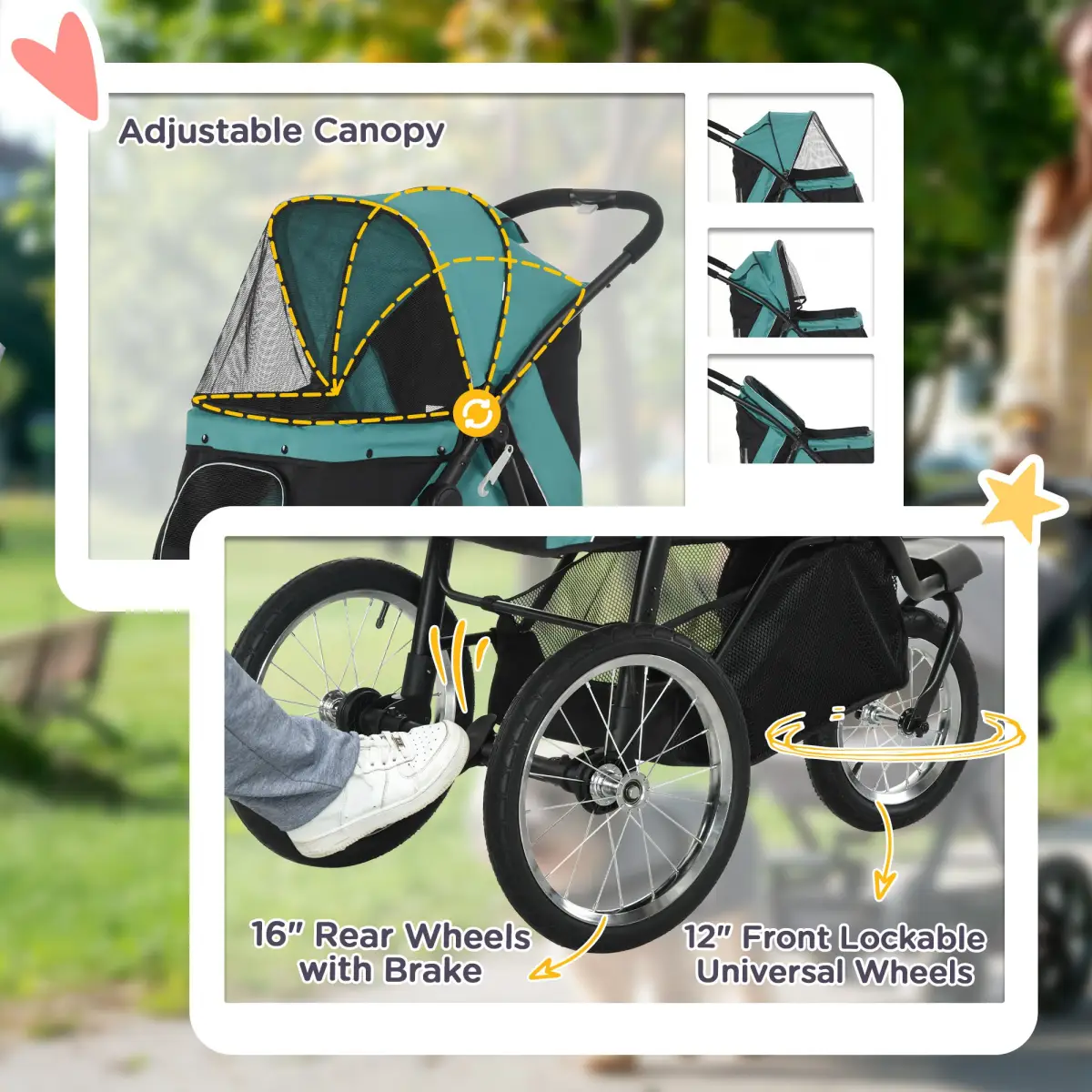 AIYAPLAY PawHut 3 Wheel Pet Stroller, for Medium Small Dogs, Foldable Cat Pram - Green - Pet Carrier