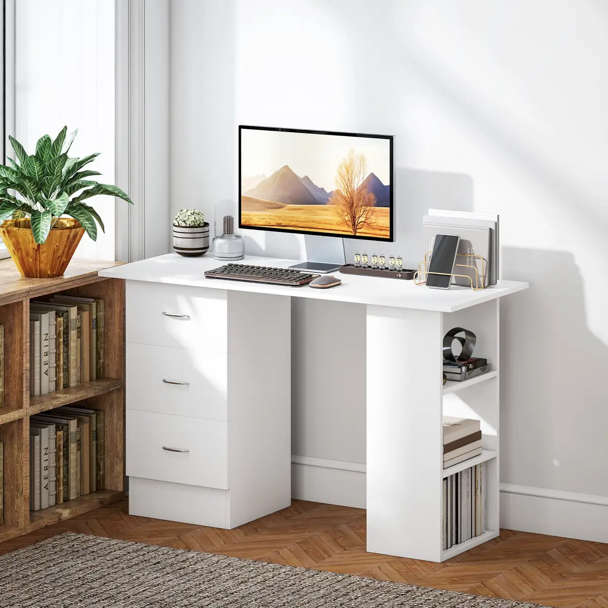 HOMCOM HOMCOM 120cm Computer Desk PC Table Workstation w/ 3 Shelf & Drawers White - Desk