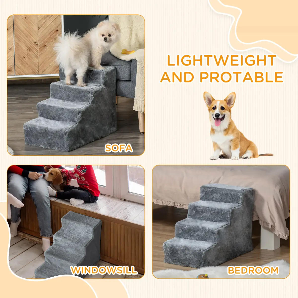 PawHut Portable Dog Stairs with Washable Plush Cover, for High Bed Sofa - Light Grey - Dog Steps