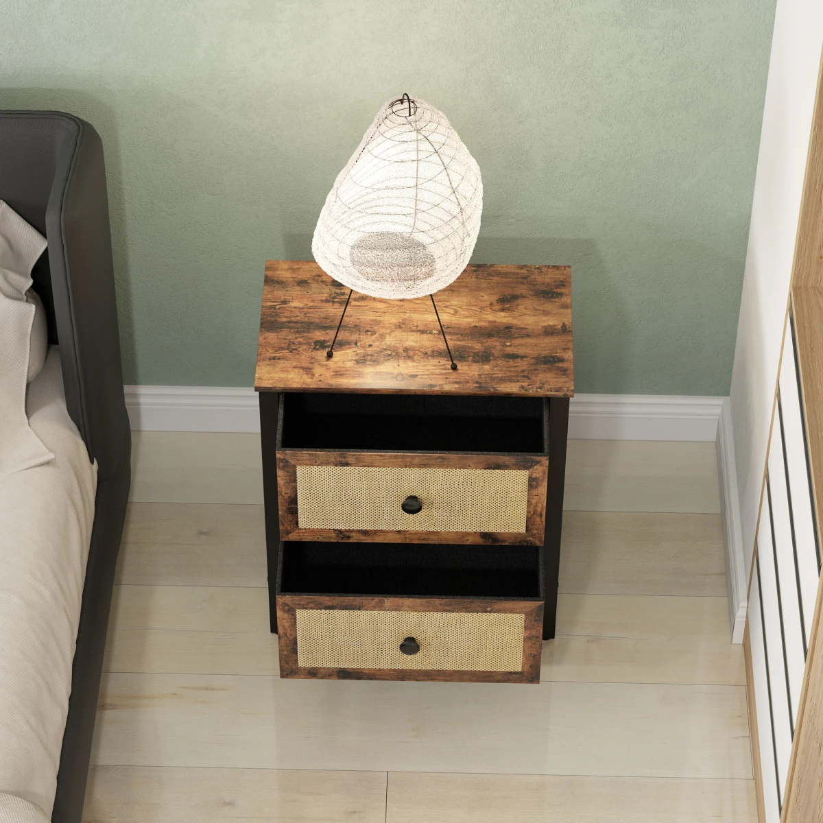 HOMCOM HOMCOM Bedside Table Compact Two Rattan Drawers With Steel Legs Rustic Brown Finish For Bedroom Decor - Bedside Table