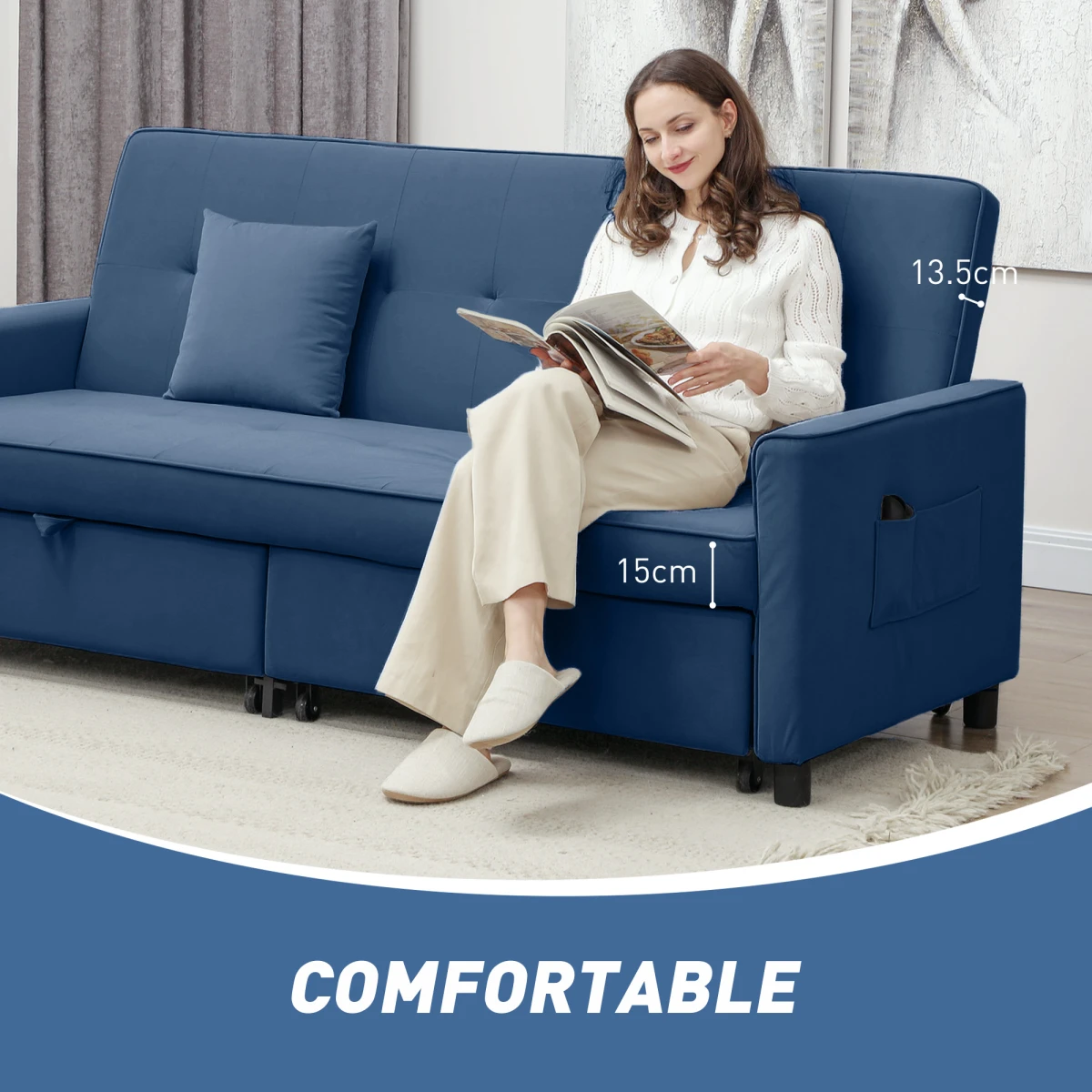 HOMCOM Sofa Bed L Shaped Click Clack Velvet Cushions Home - Sofa Bed