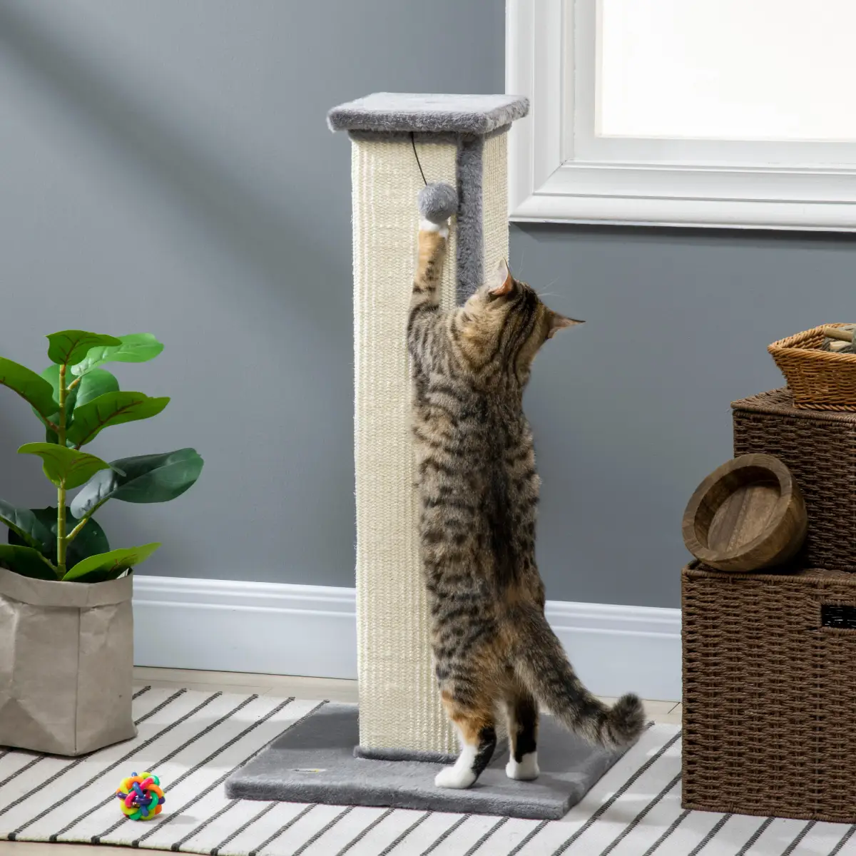 PawHut Cat Scratching Post 81cm Cat Scratcher w/ Natural Sisal Rope Hanging Ball Grey - Cat Tree