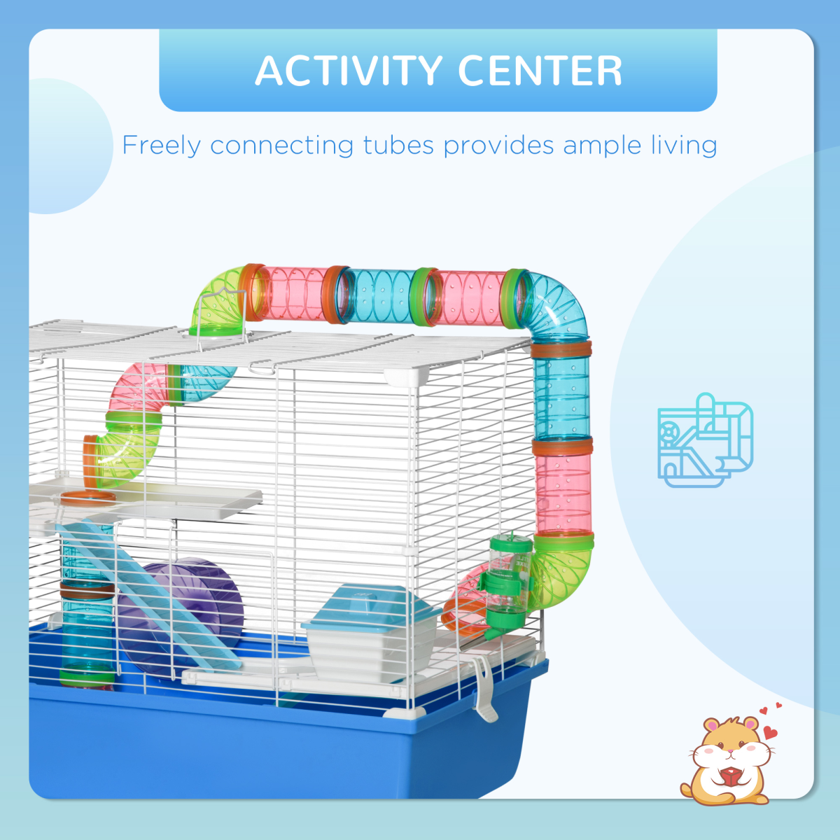 Hamster Cage Rodents House w/ Tubes Exercise Wheel, Water Bottle - Blue - from Pawhut