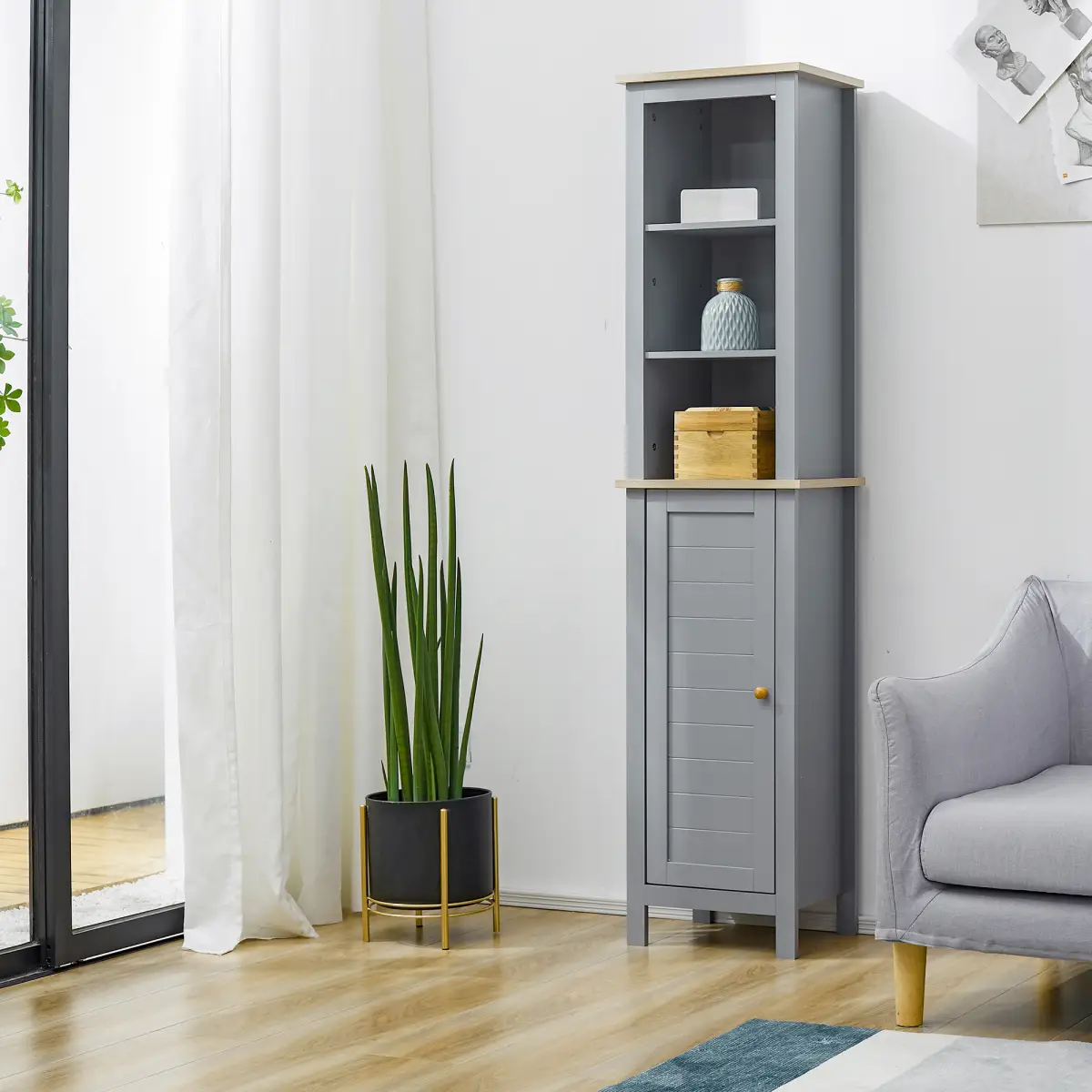 Unbranded kleankin Bathroom Floor Tall Cabinet Storage Unit w/ Cupboard Adjustable Shelf - Display Cabinet