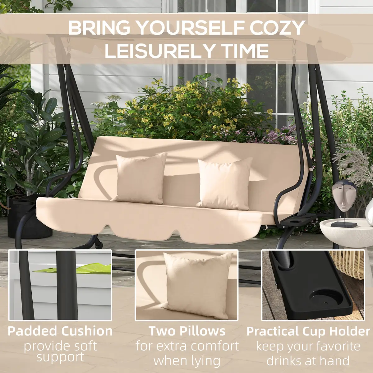 Outsunny Outsunny 2-in-1 Garden Swing Chair for 3 Person w/ Adjustable Canopy Light Brown - Hammocks