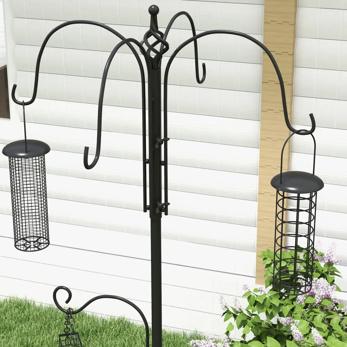 Pawhut Bird Feeding Station Kit Wild Bird Feeder Pole w/ 6 Hooks 4 Hanging Feeders - Bird Feeder