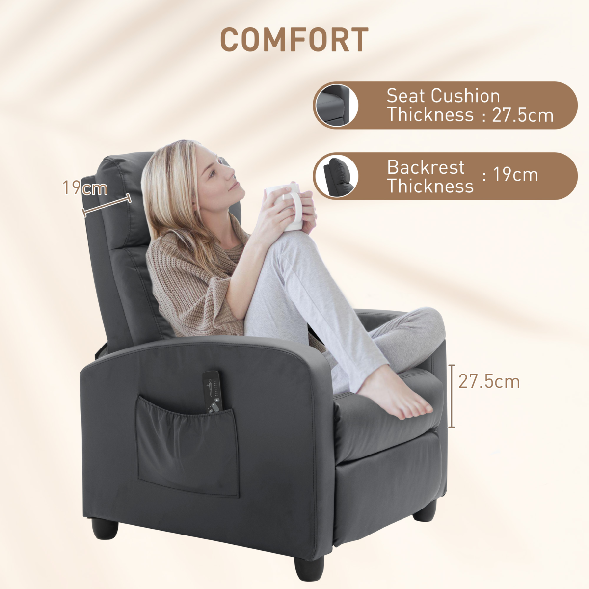 HOMCOM Recliner Armchair, Massage Faux Leather Push Back Reclining Chair with Adjustable Leg Rest, Side Pocket, for Home Living Room Theatre, Grey - from Unbranded