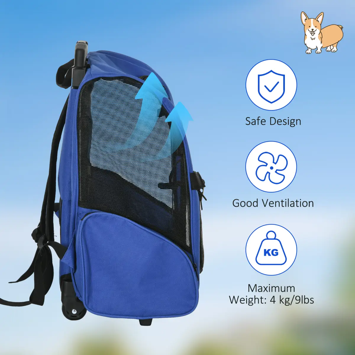 Pawhut Pet Travel Backpack Bag Cat Puppy Dog Carrier w/ Trolley and Telescopic Wheel - Pet Carrier