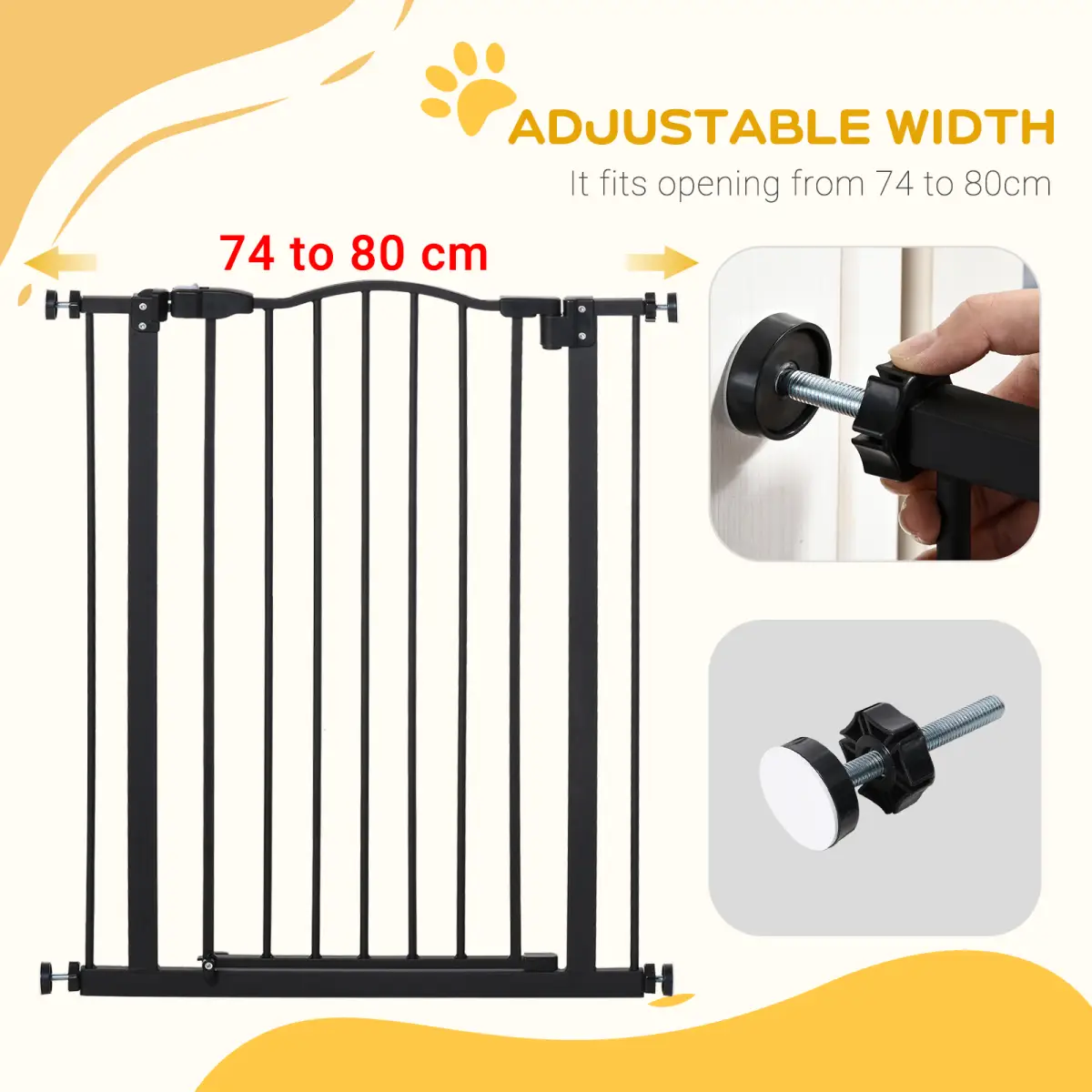Pawhut 74-80cm Adjustable Metal Pet Gate Safety Barrier w/ Auto-Close Door Black - Pet Gate