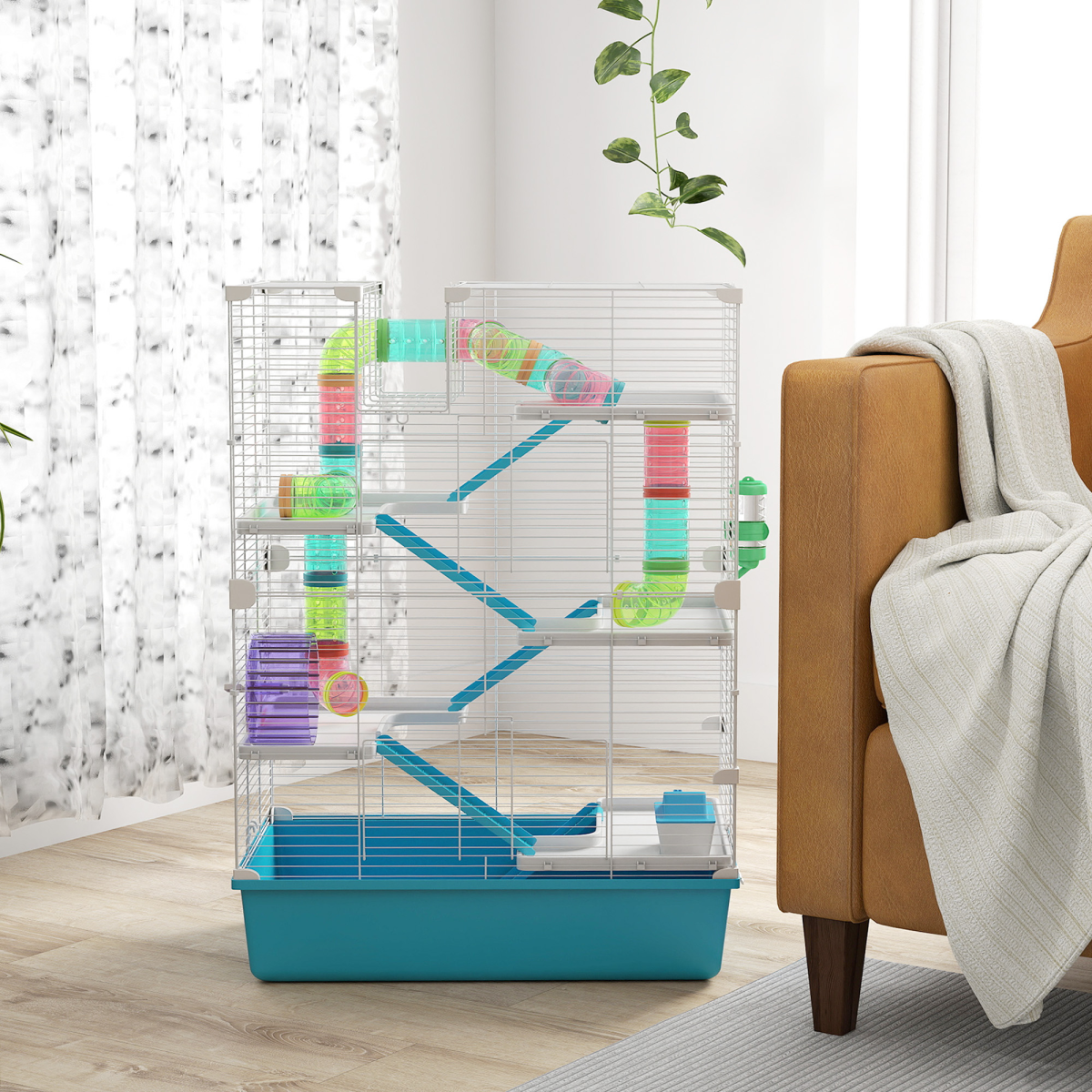 PawHut 6 Tier Hamster Cage with Twin Tower and Accessories, Light Blue - from PawHut