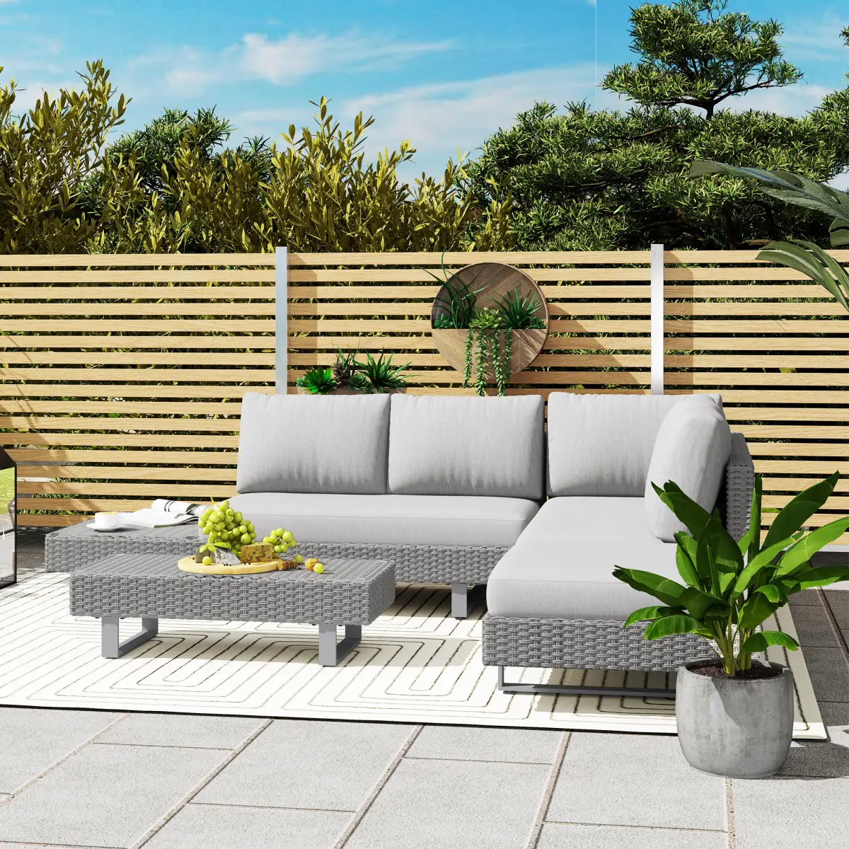 Outsunny Outsunny 3pc Rattan Wicker Sofa Set with Tea Table & Cushions, Light Grey - Garden Set