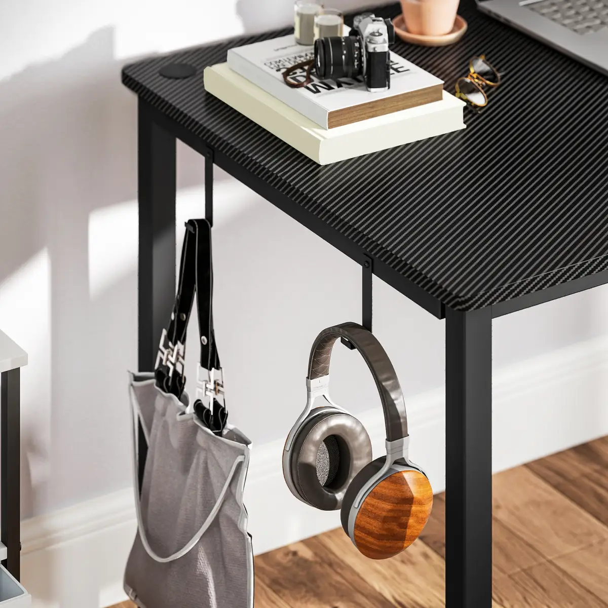 HOMCOM HOMCOM L-Shaped Corner Desk Computer with Fabric Bag and Hooks, Black - Desk