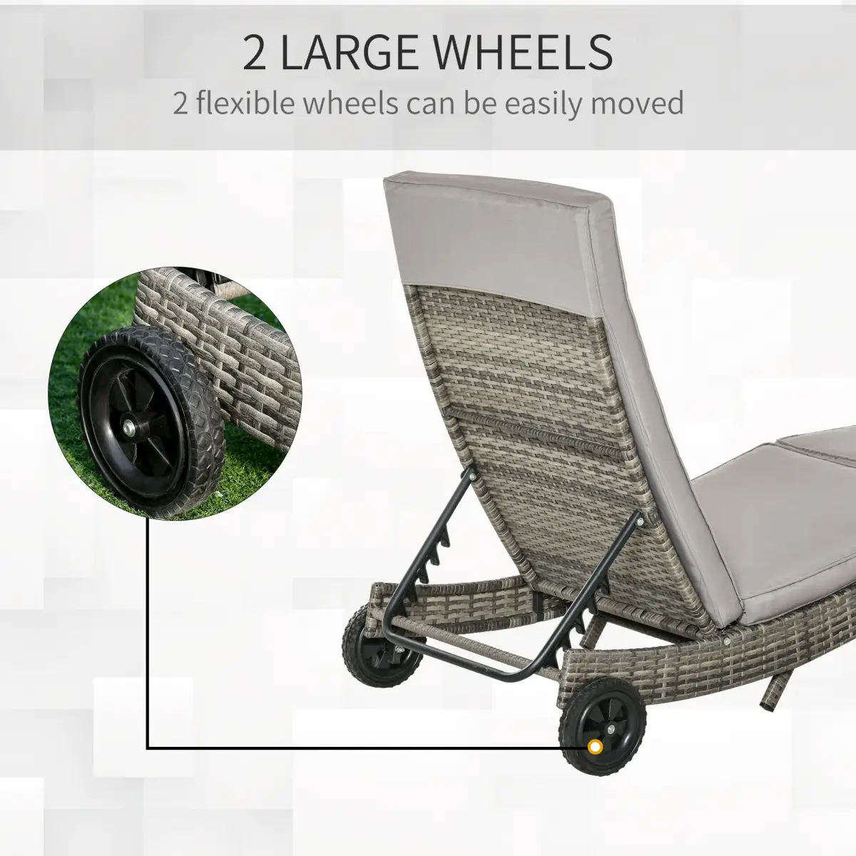 Outsunny Outsunny Outdoor Reclining Lounge Chair, PE Wicker, Rolling Wheels, Grey - Sun Lounger