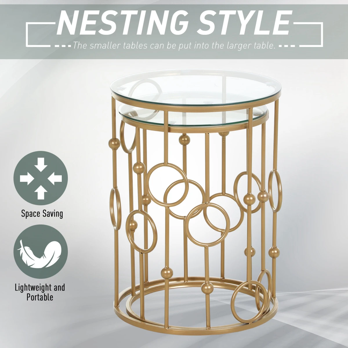 HOMCOM HOMCOM Gold Nesting Coffee Tables Set of Two with Tempered Glass Tops Living Room Decor - Nest of Tables