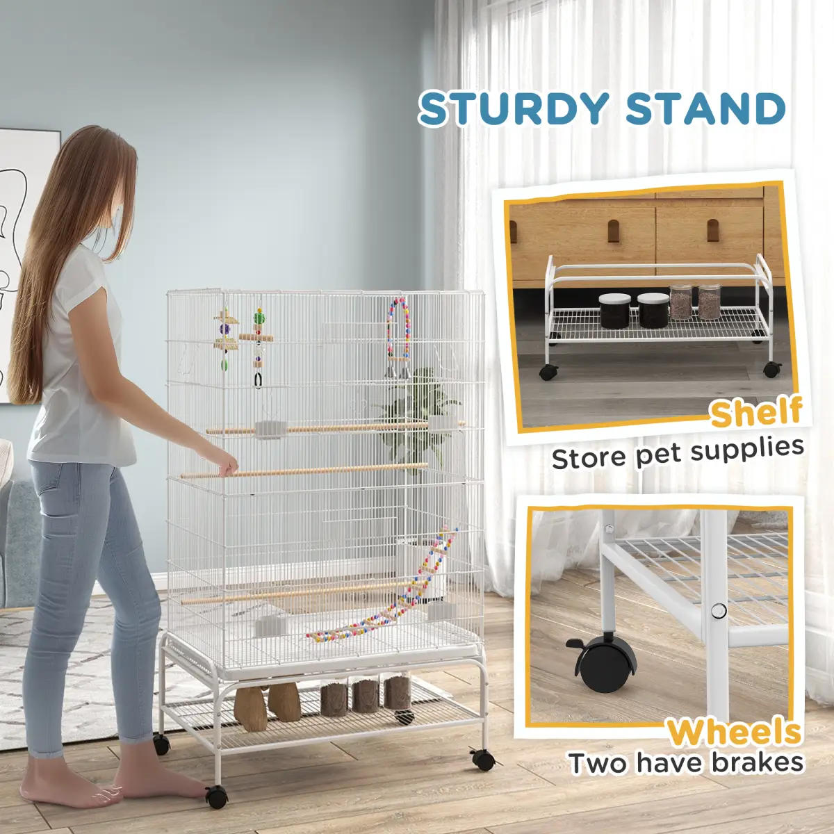 PawHut PawHut Bird Cage with Stand, Wheels, Toys, for Budgies, Finches, White - Bird Cage