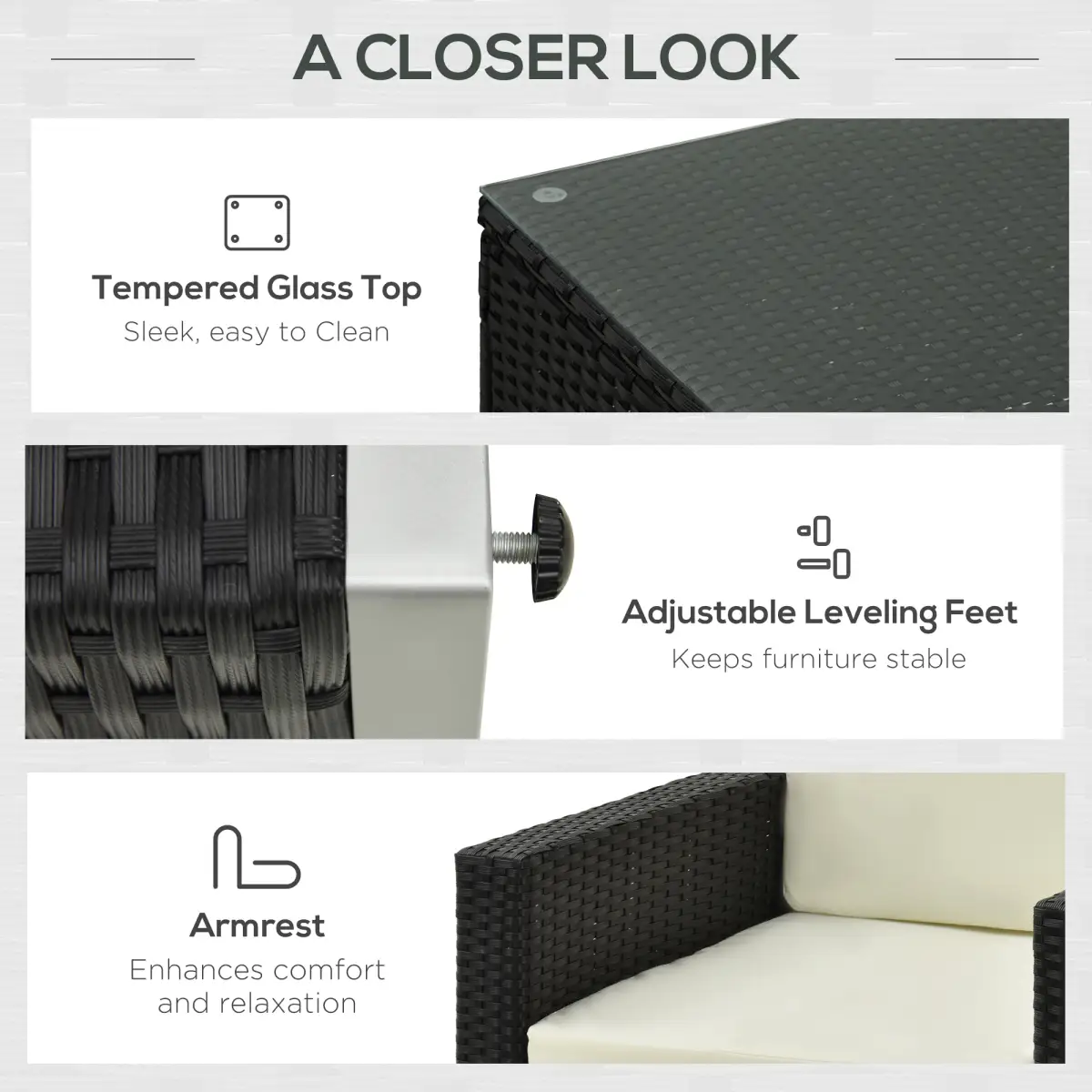 Outsunny 4 Pieces Rattan Sofa Set, Steel-Black - Garden Sofa Sets