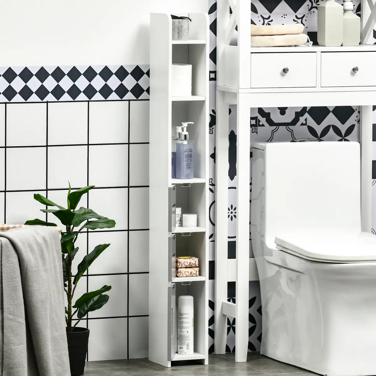Unbranded kleankin Freestanding Tall Bathroom Cabinet W/ Open Shelves 3 Cupboards, Grey - Display Cabinet