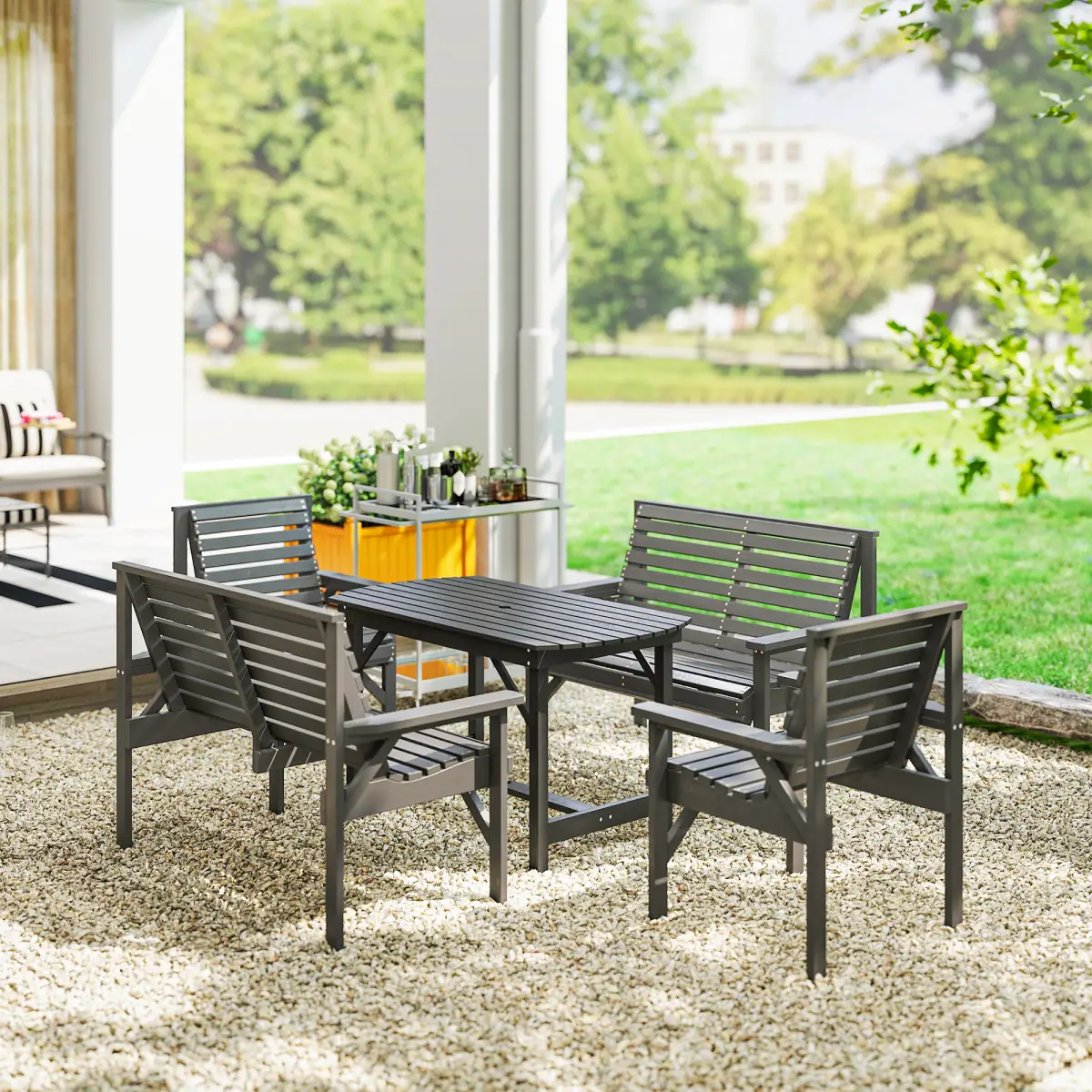 Outsunny Outsunny 5PC Patio Dining Set Wooden Table and Chairs w/ Umbrella Hole Grey - Garden Set