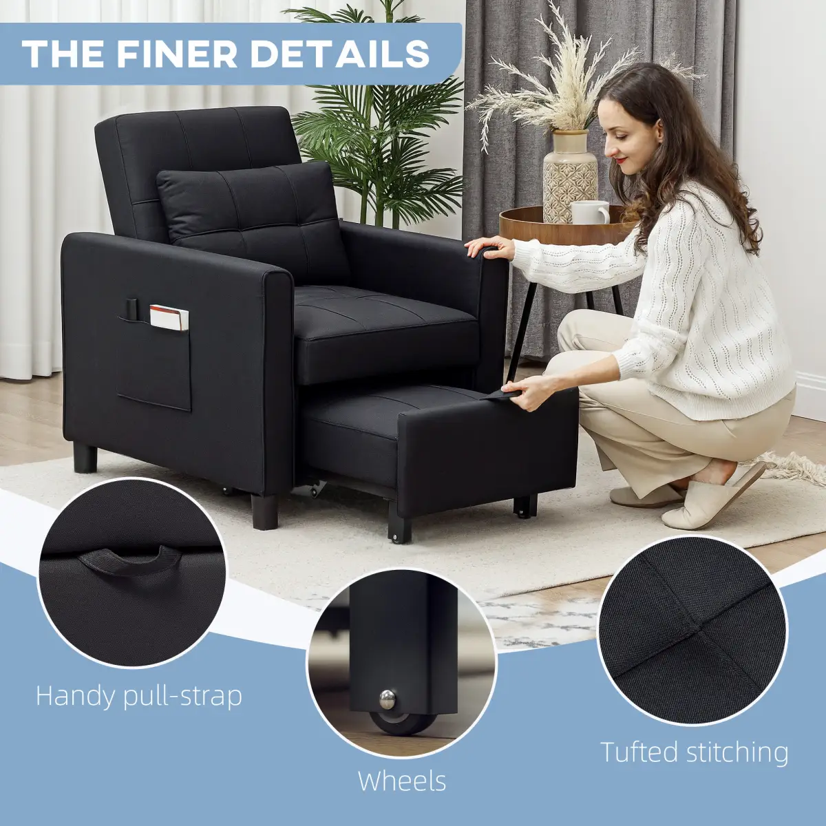 HOMCOM HOMCOM Folding Chair Bed, Sleeper Chair with Pillow, Side Pockets, Black - Sofa Bed