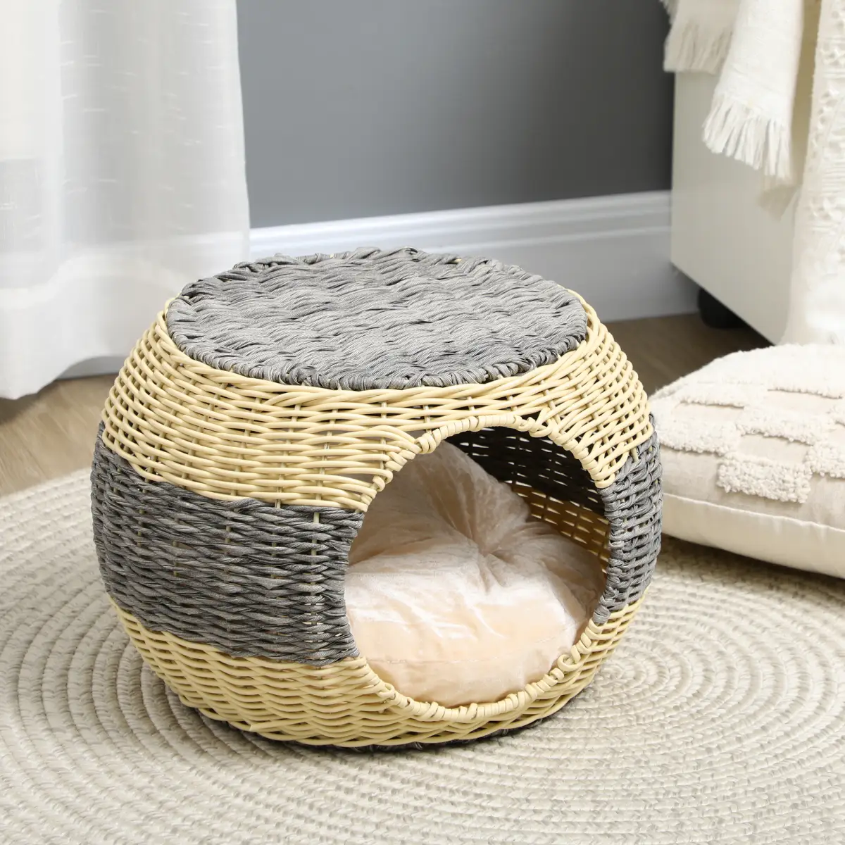 PawHut PawHut Wicker Cat House, Rattan Raised Cat Bed w/ Soft Cushion, 40 x 30cm - Cat House