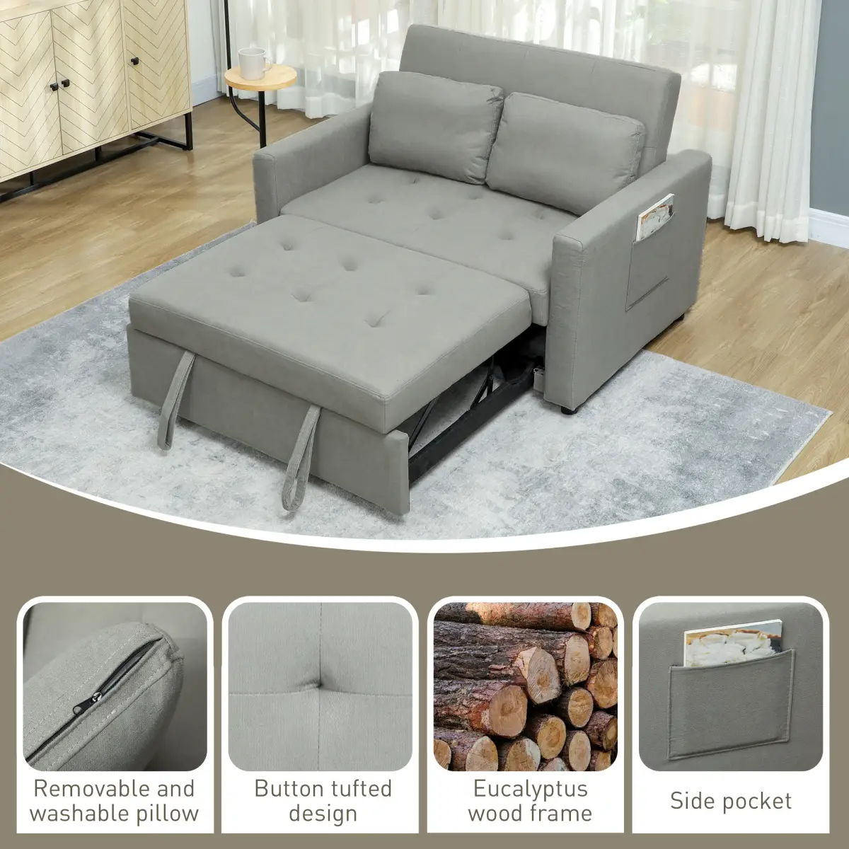 HOMCOM HOMCOM 2 Seater Sofa Bed Convertible Bed Settee with Cushions, Pockets, Grey - Sofa Bed