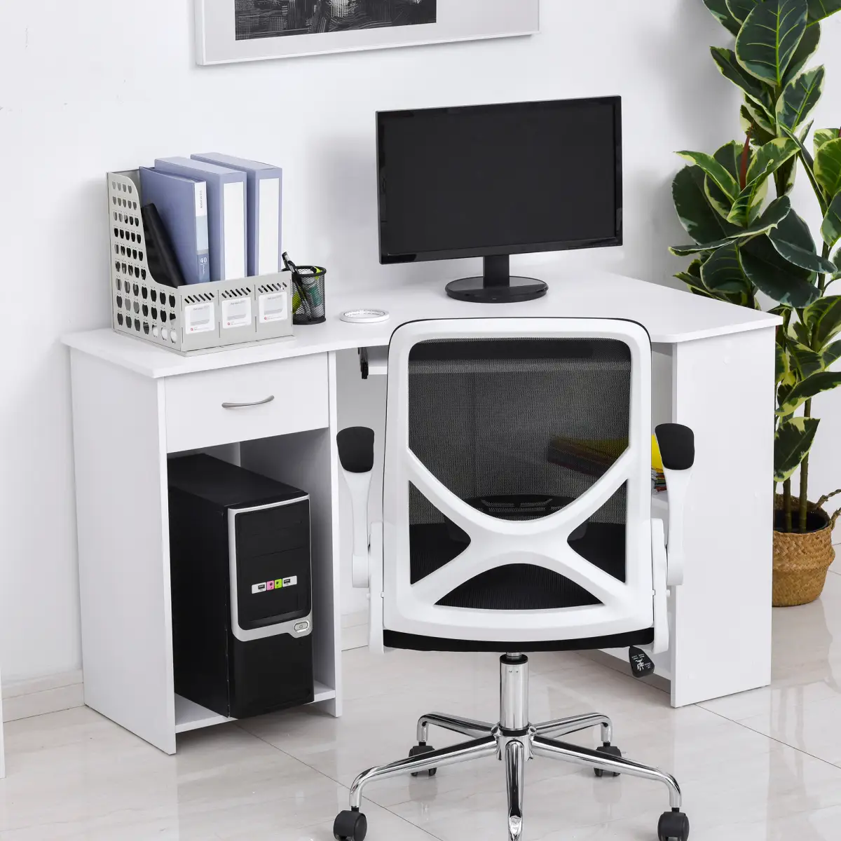 Unbranded L-Shaped Corner Computer Desk w/ 2 Shelves Worktop Keyboard Tray White - Desk
