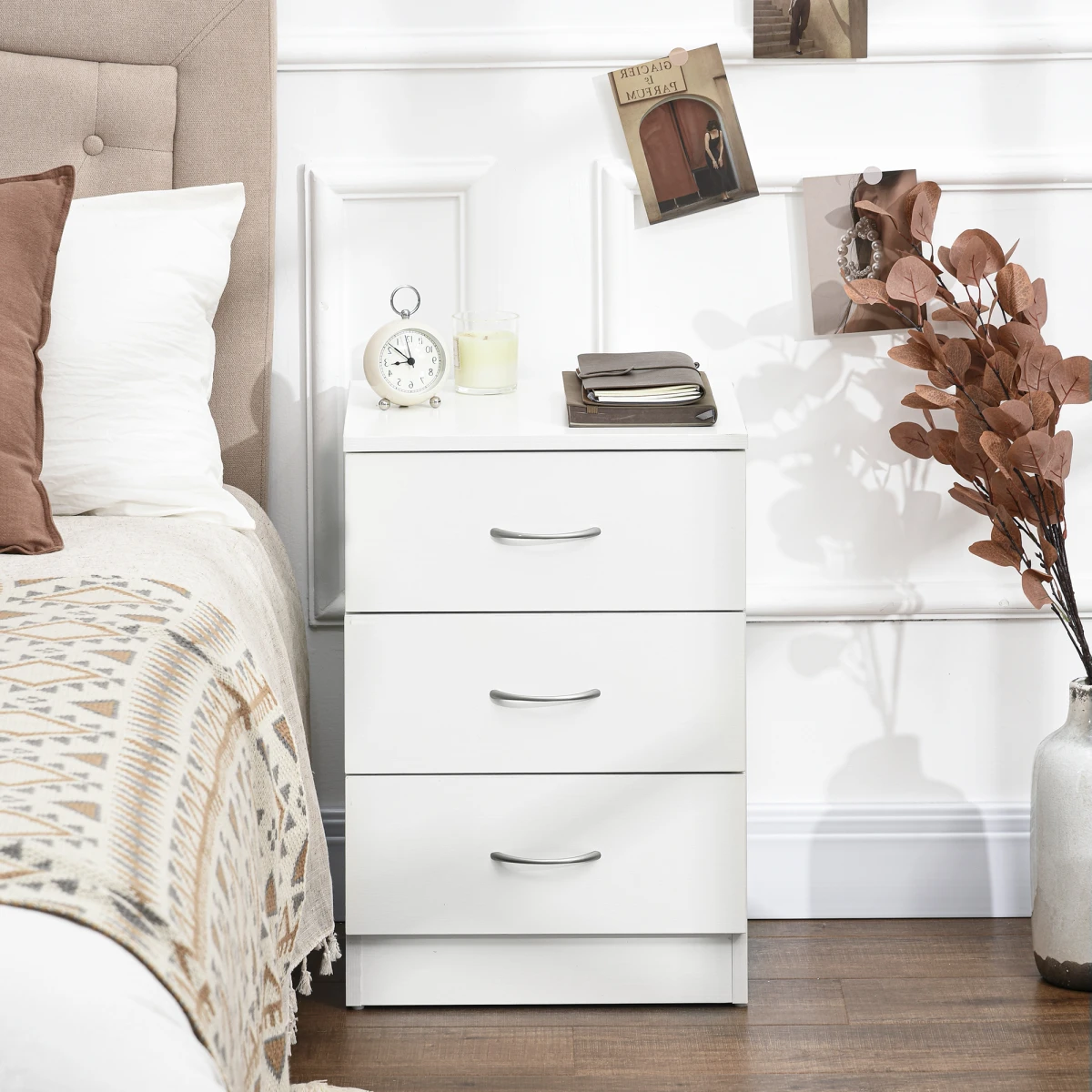 HOMCOM Bedside Cabinet 40x30x60 Cm White 3 Drawer Nightstand With Smooth Glides by HOMCOM