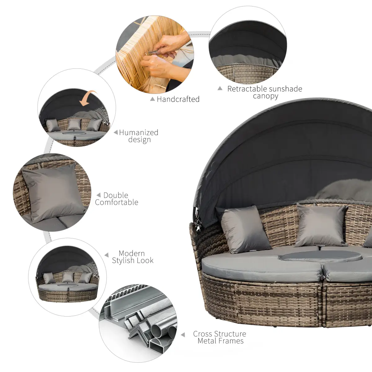 Outsunny Outsunny 5 PCs Cushioned Outdoor Plastic Rattan Round Sofa Bed Table Set Grey - Garden Sofa Sets