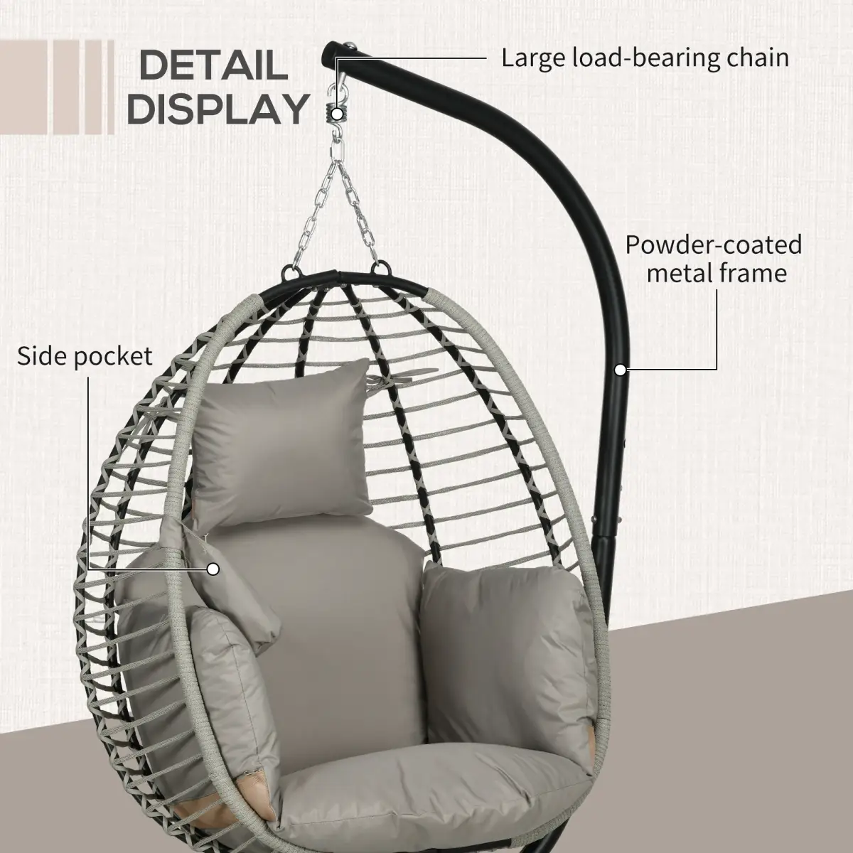Outsunny Outsunny Hanging Swing Chair with Thick Cushion, Patio Hanging Chair, Grey - Hammocks