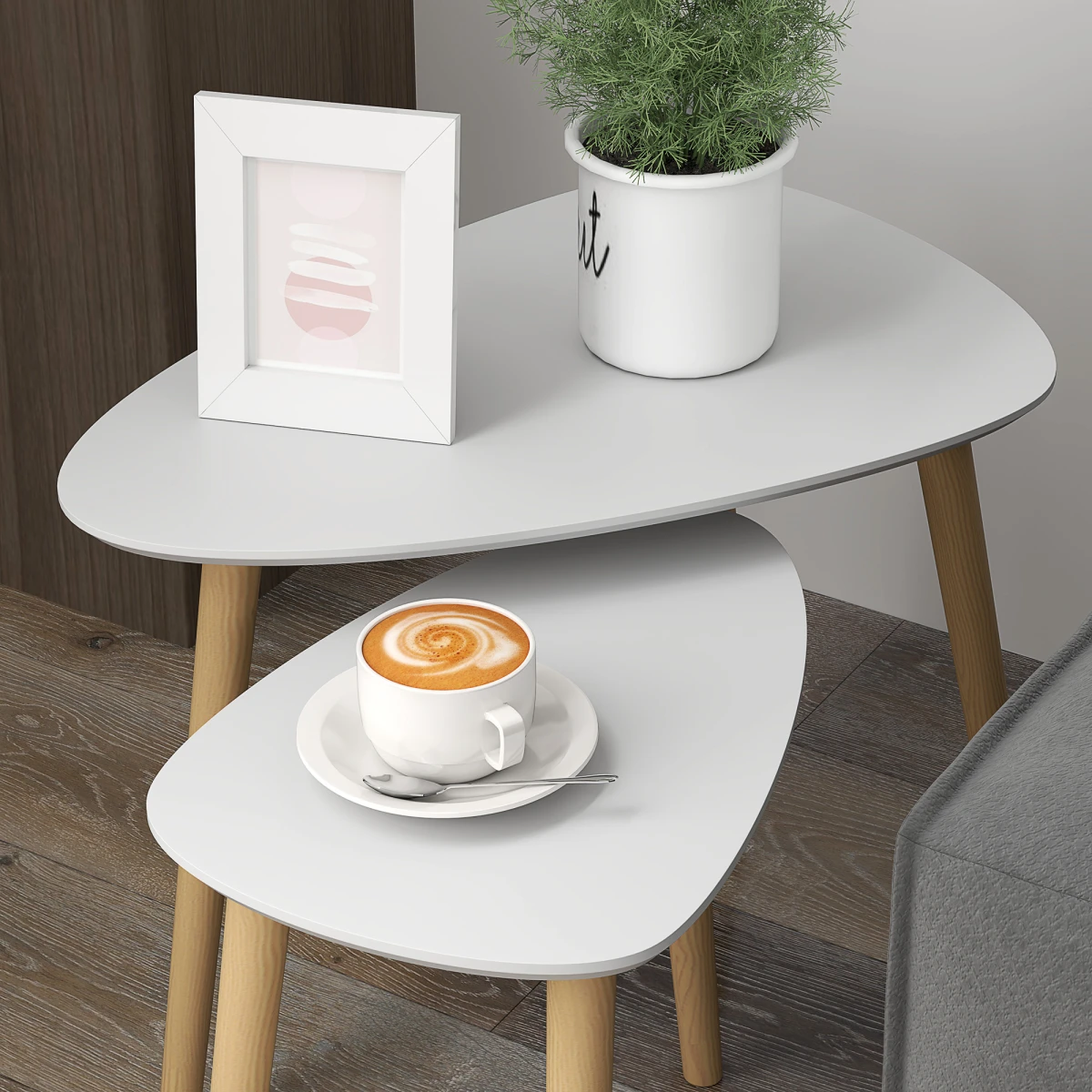 HOMCOM Nesting Side Tables Set Of 2 Two-Tier Modern Scandinavian Grey With Natural Wood Legs Living Room by HOMCOM