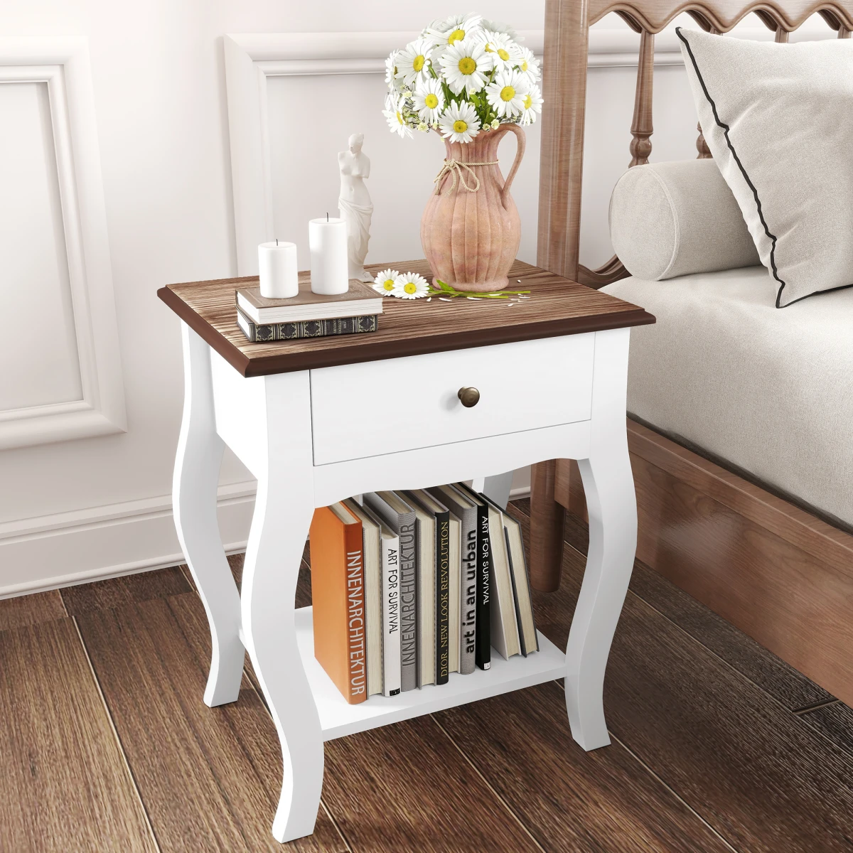 HOMCOM Bedside Tables 2 Pack Compact White Wood Top Drawer And Shelf Bedroom Storage - Bedside Table