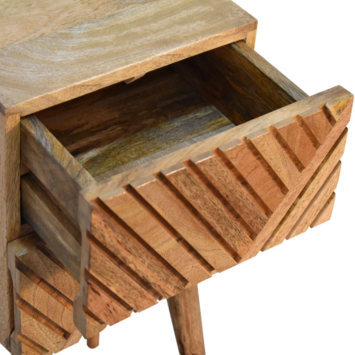 Artisan Furniture Artisan Furniture Bedside Table Mini Compact Solid Mango Wood Two Line Carved Drawers for Small Spaces - Bedside Table