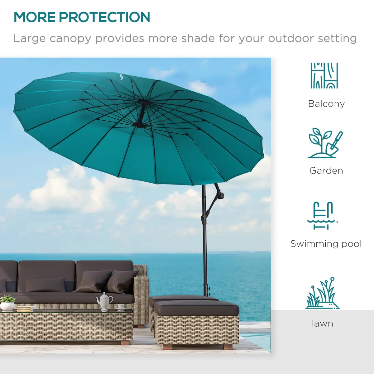 Unbranded 3(m) Cantilever Shanghai Parasol Crank Handle, Cross Base, Turquoise Outsunny - Parasol