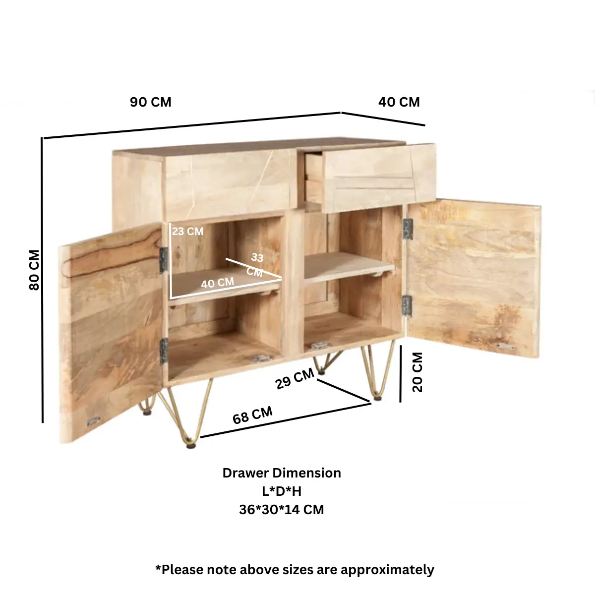 Indian Hub Light Gold 2 Door Medium Sideboard - Sideboard
