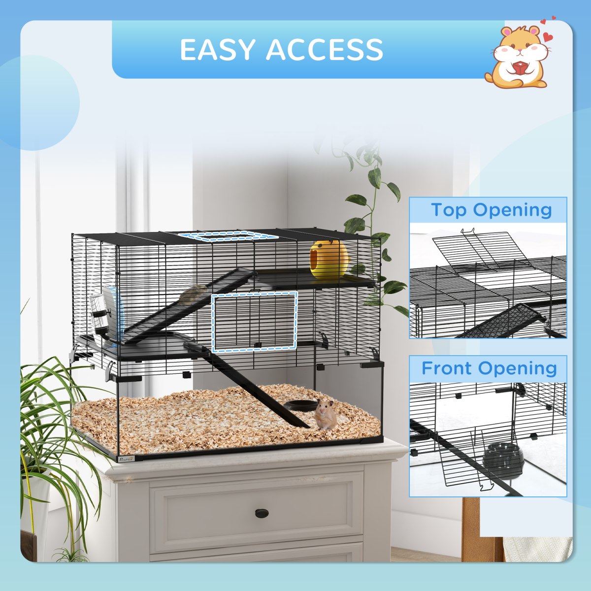 3 Tiers Hamster Cage w/ Deep Glass Bottom, Dish, Hut, 78.5 x 48.5 x 57cm - from PawHut