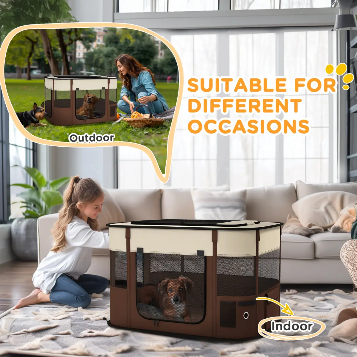 PawHut PawHut Portable Dog Pen for Puppies, Rabbits, Kittens, Guinea Pigs - Brown - Pet Playpen