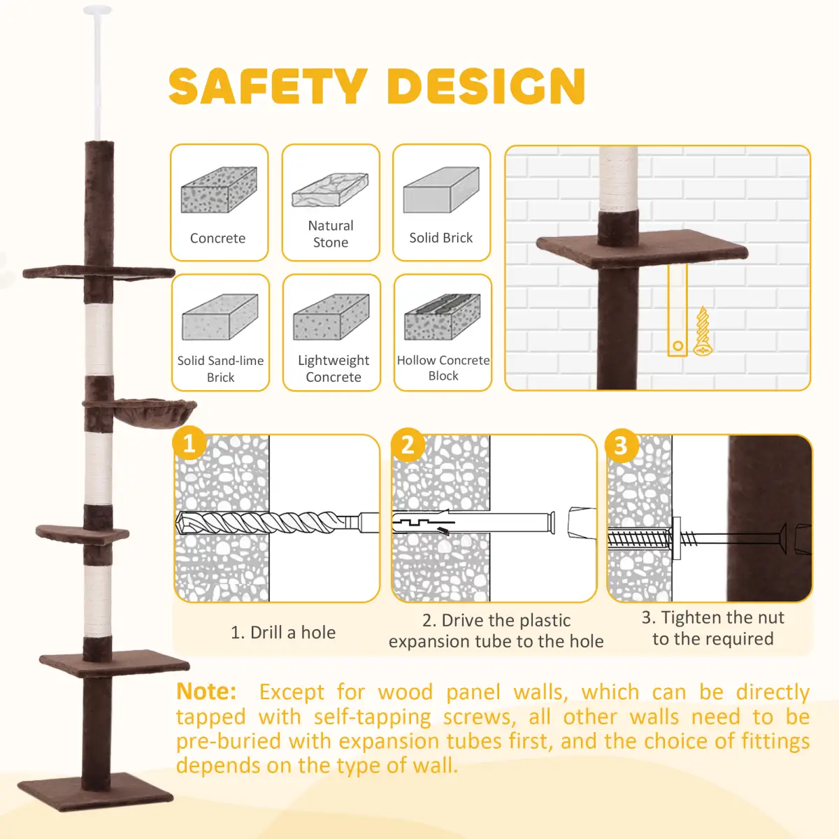 PawHut Floor to Ceiling Cat Tree for Indoor Cats 5-Tier Kitty Tower Brown - Cat Tree