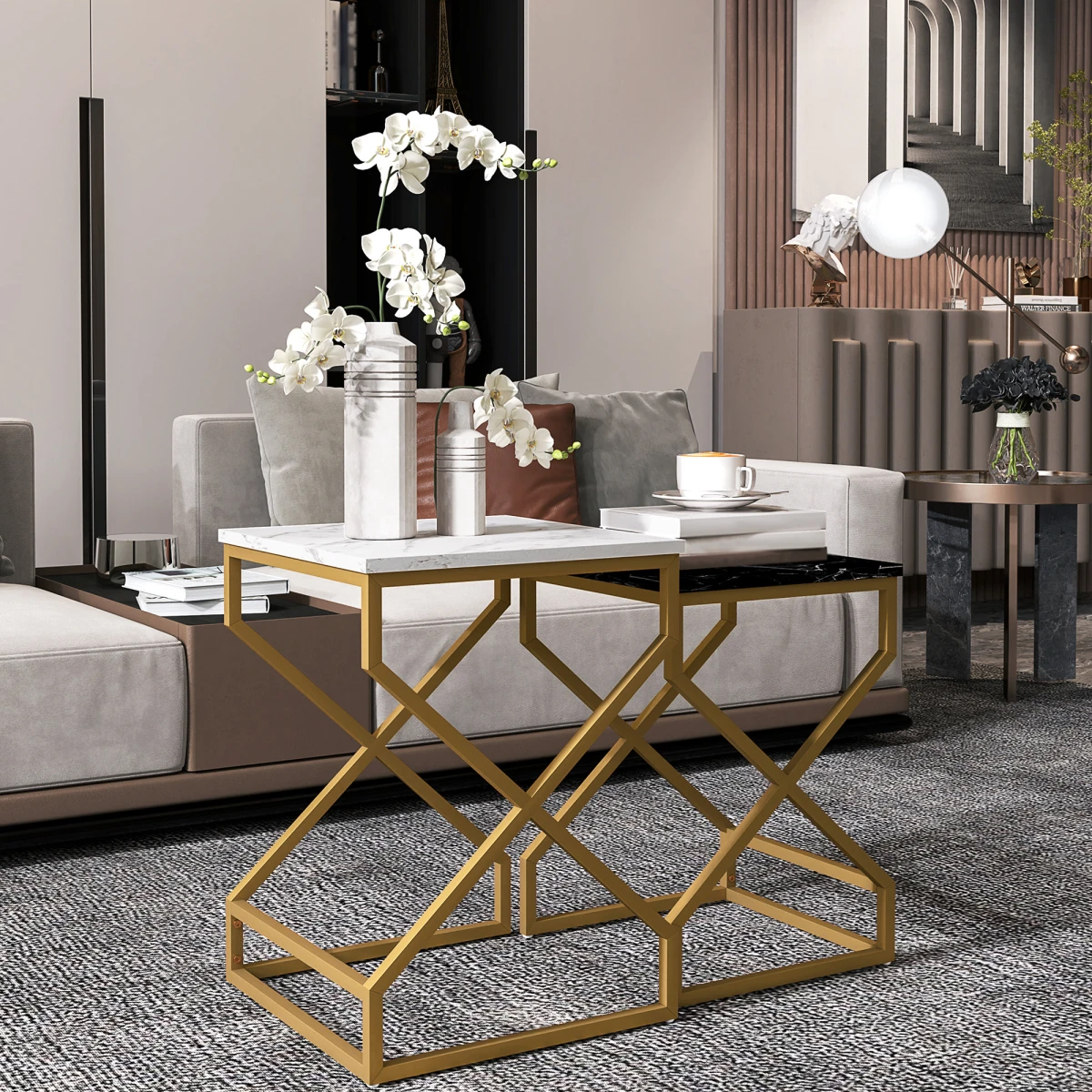 HOMCOM HOMCOM Nest Of Tables Two Piece Set Marble Effect Tops Gold Tone Steel Frame For Living Room - Coffee Table