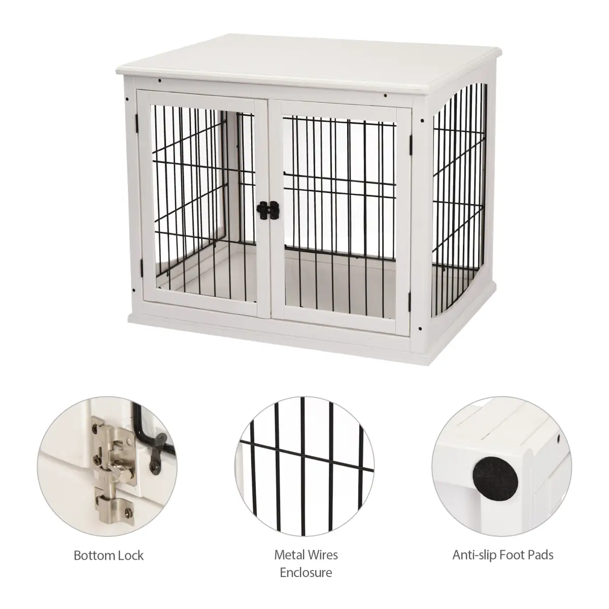 Pawhut Wooden Dog Crate End Table Pet Puppy Cage w/Metal Wire for Small Dog White - Dog Crate