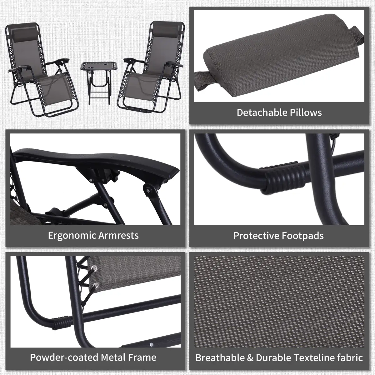 Unbranded 3PC Zero Gravity Chairs Sun Lounger Table Set Cup Holders Dark Grey Outsunny - Garden Set