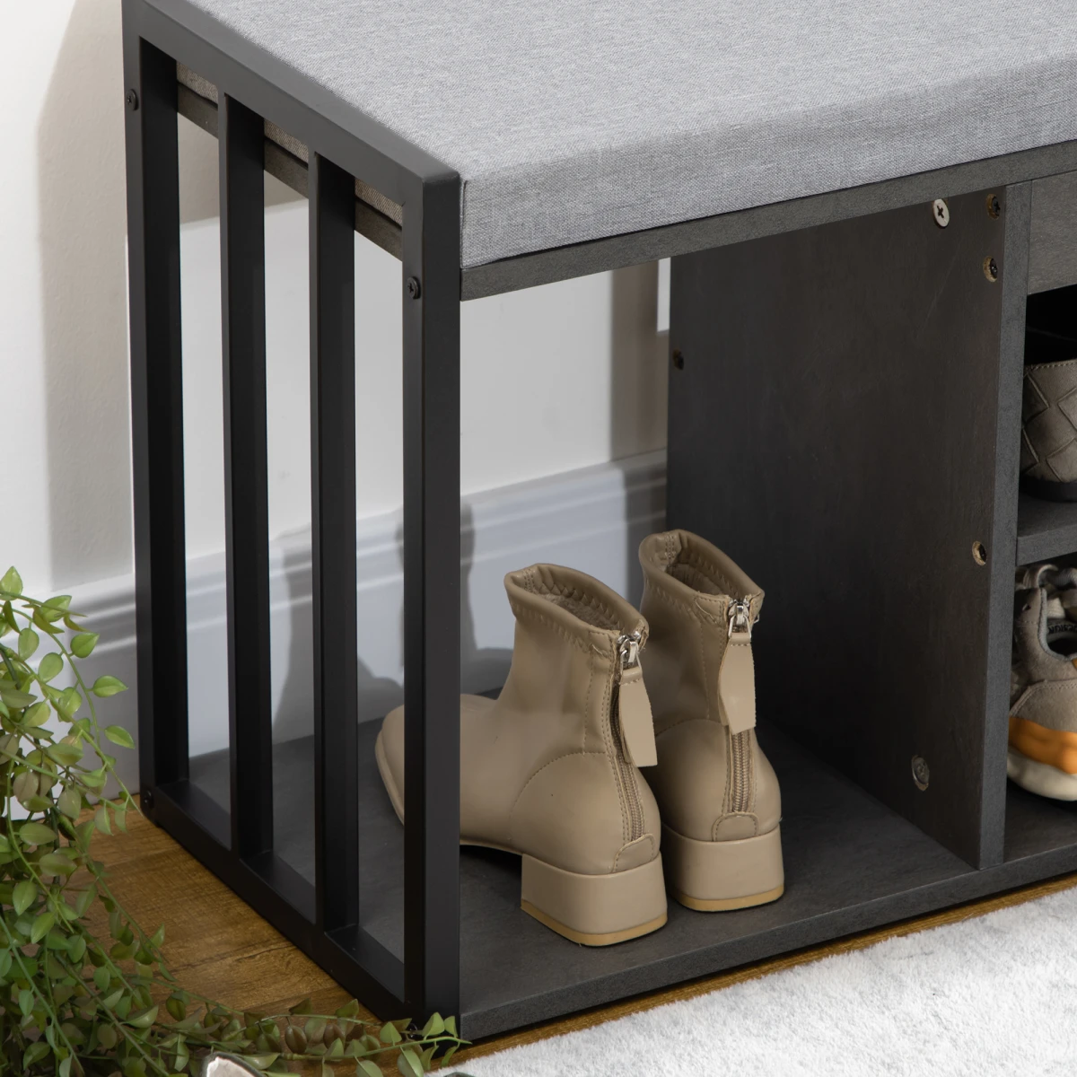 HOMCOM Upholstered Entryway Shoe Bench With Storage Open Shelves Grey Ideal For Small Hallways - Shoe Storage