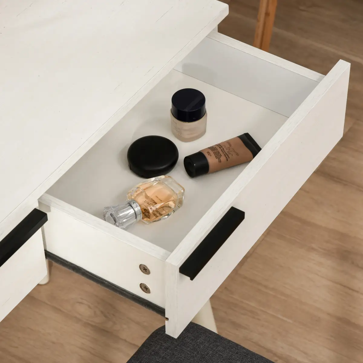 HOMCOM Dressing Table Vanity Set Makeup Desk with Round Mirror Cushioned Stool White - Desk