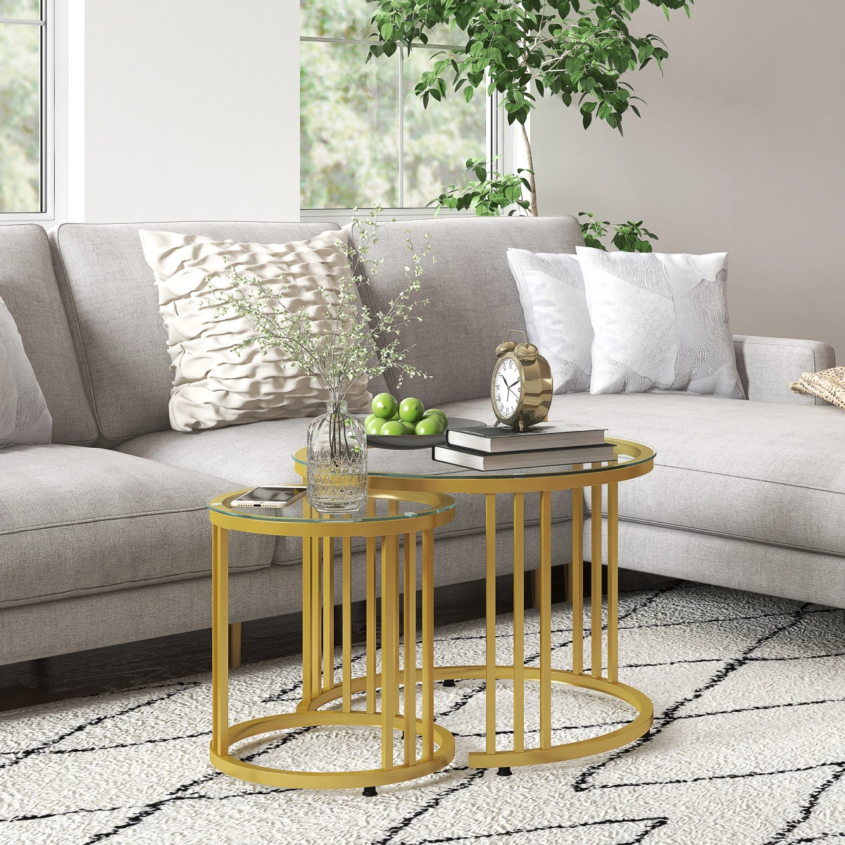 HOMCOM Nesting Coffee Tables Two Piece Set Tempered Glass Tops Gold Art Deco Living Room Decor by HOMCOM