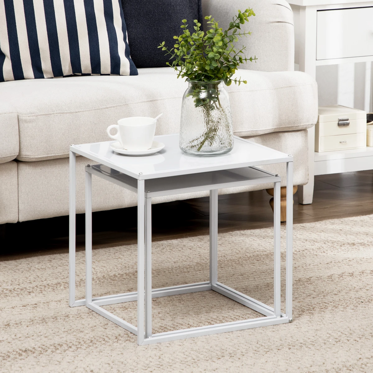 HOMCOM Nesting Tables Two Sizes Steel Frame Home - Nest of Tables