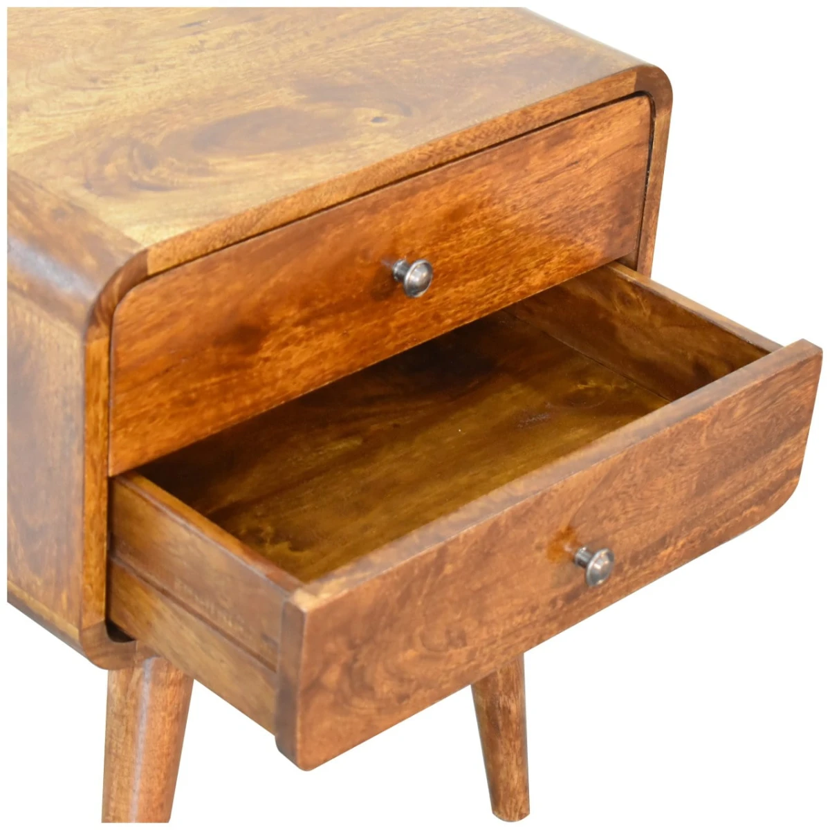 Artisan Bedside Table Compact Nightstand Solid Mango Wood 2 Drawers Curved Chestnut Finish for Bedroom Decor by Artisan Furniture